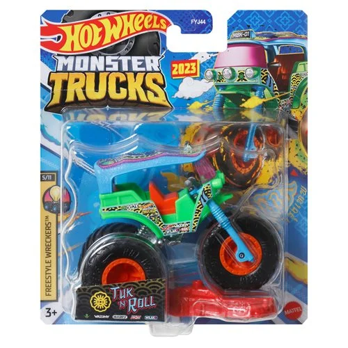 The Hot Wheels Monster Trucks 1:64 scale die-cast vehicles are primed for epic smashing and crashing. Each metal toy truck has awesome designs and giant tires and includes a crushable car. The packaging has the truck's name, truck type, strength, unique crash attack and motor-vation. With a wide variety of characters available, collectors and kids 3 years old and up will want to get them all. Each sold separately, subject to availability. Colors and decorations may vary. The Hot Wheels Monster Trucks 1:64 Scale Vehicle 2023 Mix 10 Case (995K) includes 8 individually packaged vehicles and includes: 1x Race Ace 1x Bigfoot 1x Tuk Tuk 1x Crush Delivery 1x Barbie Jeep 1x Will Trash It All 1x Oscar Mayer Weinermobile 1x Tiger Shark Subject to change.