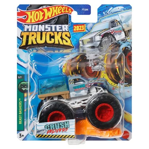 The Hot Wheels Monster Trucks 1:64 scale die-cast vehicles are primed for epic smashing and crashing. Each metal toy truck has awesome designs and giant tires and includes a crushable car. The packaging has the truck's name, truck type, strength, unique crash attack and motor-vation. With a wide variety of characters available, collectors and kids 3 years old and up will want to get them all. Each sold separately, subject to availability. Colors and decorations may vary. The Hot Wheels Monster Trucks 1:64 Scale Vehicle 2023 Mix 10 Case (995K) includes 8 individually packaged vehicles and includes: 1x Race Ace 1x Bigfoot 1x Tuk Tuk 1x Crush Delivery 1x Barbie Jeep 1x Will Trash It All 1x Oscar Mayer Weinermobile 1x Tiger Shark Subject to change.