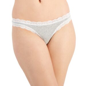 Experience comfort and elegance with the Jenni Women's Lace-Trim Thong in Heather Grey. This thong-style underwear combines soft fabric with delicate lace accents, offering a perfect mix of style and comfort for your lingerie collection. Features: Heather Grey Color: The subtle heather grey hue adds a touch of sophistication and versatility, making it a timeless addition to your underwear drawer. Lace Trim: Delicate lace trim along the edges adds a feminine and romantic touch while ensuring a soft and gentle feel against the skin. Thong Cut: The thong design provides minimal coverage, perfect for wearing under fitted clothing to eliminate visible panty lines and achieve a seamless look. Soft Fabric: Crafted from a high-quality fabric blend, this thong offers a soft and comfortable feel against the skin, ensuring all-day comfort. Comfortable Waistband: The elastic waistband is designed for a secure and comfortable fit, allowing you to move freely throughout the day. Material: Body: 95% Cotton, 5% Spandex Lace: 88% Nylon, 12% Spandex Care Instructions: Machine wash cold with like colors Use only non-chlorine bleach when needed Tumble dry low Do not iron