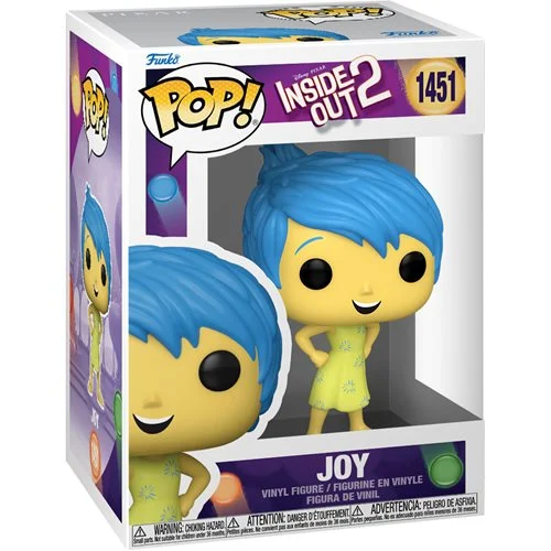 Channel your emotions with Joy! From the 2024 animated Disney Pixar film, Inside Out 2, Riley's emotion leader features her blue hair and notable outfit. This Inside Out 2 Joy Funko Pop! Vinyl Figure #1451 measures approximately 3 3/4-inches tall and comes packaged in a window display box. Support your emotions and add Joy to your Funko Pop! collection! For ages 3 and up.