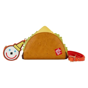 here's no drive-thru necessary to get your hands on this Jack in the Box Late Night Taco Crossbody Bag! The faux leather crossbody bag includes a detachable coin bag and features applique, embossed and printed details - plus metallic and textured faux leather accents and a silicone zipper charm! Bag is in the shape of a hard-shell taco and coin bag is in the shape of Jack's face. Measures approximately 6-inches tall x 9-inches long x 4-inches wide. For ages 8 and up. All Loungefly items are vegan friendly, unless otherwise noted.