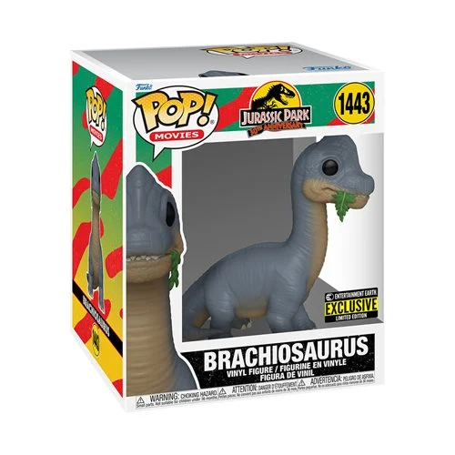 Every home needs a cute Brachiosaurus! The first dinosaur seen by doctors Alan Grant and Ellie Sattler in Jurassic Park. Limited Edition Exclusive Super Pop! Vinyl figure! Totally adorable, he stands about 6-inches tall. Now, there's a cutie… and an Entertainment Earth Exclusive! Has it really been 30 years since Jurassic Park hit theaters?! Yes, it has, and the dinosaurs have broken through the fences to celebrate the 30th anniversary of that movie and adventure series. Cute but mighty, the Brachiosaurus is here to tower over the rest of your Funko Pop! collection. Measuring approximately 6-inches tall, this sizable sauropod comes packaged in a window display box. The Jurassic Park Brachiosaurus Super 6-Inch Funko Pop! Vinyl Figure #1443 - Entertainment Earth Exclusive is a must for your toy box, shelf, or next adventure. So, don't miss out - round it up as the next compelling attraction in your own personal park!