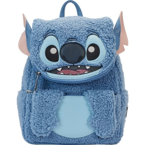 Get ready to have some fun with your favorite blue alien with this Lilo & Stitch Plush Stitch Mini-Backpack! it is made with sherpa with faux leather trim and features top flap closure, adjustable straps, matching themed lining, applique, embroidered, and printed details. This mini-backpack approximately measures 10-inches tall x 9-inches wide x 4 1/2-inches long. Ages 15 and up. All Loungefly items are vegan friendly, unless otherwise noted.