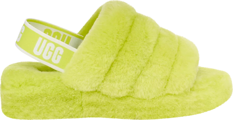 The UGG Women's Fluff Yeah Slides in Key Lime, size 8M, are a vibrant and cozy statement piece for your footwear collection. These slides redefine comfort with a unique design featuring a plush sheepskin upper in a refreshing key lime color, ensuring luxurious softness and warmth. The bold yet playful style of the Fluff Yeah Slides is complemented by a wide elastic strap adorned with UGG logo detailing, adding a touch of sophistication. This strap not only enhances the snug fit but also provides easy on and off functionality. Inside, your feet are treated to a soft sheepskin lining that offers exceptional comfort and temperature regulation, making these slides perfect for year-round wear. The footbed is cushioned for additional support, ensuring comfort with every step. Set on a lightweight platform outsole with a durable rubber bottom, these slides provide traction and stability, whether you're lounging at home or stepping out casually. The UGG Women's Fluff Yeah Slides in Key Lime are a must-have for those who appreciate both style and comfort, offering a fun and cozy option that effortlessly elevates any ensemble.