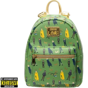 Feeling mischievous? Take your cue from the God of Mischief and order this exclusive backpack! Features matching lining, adjustable straps, zipper closure, and more. Inspired by the Disney+ series Loki. Entertainment Earth Exclusive! The next time you're feeling a bit naughty or like coloring outside the lines, take your cue from the God of Mischief with this limited edition Loki Mini-Backpack - Entertainment Earth Exclusive. After all, he's the expert at that! It's made of faux leather and features top zipper closure, a front zippered pocket, adjustable straps, matching themed lining, shiny gold hardware, gold foil straps, and printed details. This mini-backpack measures about 10 1/2-inches tall x 9-inches wide x 4 1/2-inches deep. It's a must for fans of Marvel and Loki, but quantities are limited. Order yours while supplies last! Ages 8 and up.