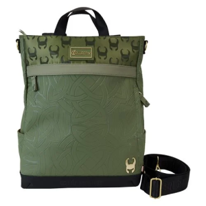 Take a look at this stylish yet subtle Marvel Loki The Creativ Loungefly Collectiv Convertible Tote Bag! Perfect for any fan of Loki, this bag is loaded with functional and fun details along with gleaming gilded accents. The bag features a tonal green print of Loki's helmet print, gold comic print interior, and more! Just like the God of Mischief, the creative doesn't want to and can't be put in a box. They want versatility and flexibility to ideate. Organization of their tools is key for whenever and wherever inspiration may strike. The Creativ is ready to match their lifestyle as it can convert to a cross body bag or a backpack. It features a plush laptop sleeve, a large zippered pocket to hold essentials, and a place to store all the pencils and pens a creative needs to jot down their ideas or art. It measures approximately 12-inches wide x 16-inches tall x 5-inches long. Bring this premium bag on your next assignment! For ages 15 and up. All Loungefly items are vegan friendly, unless otherwise noted.