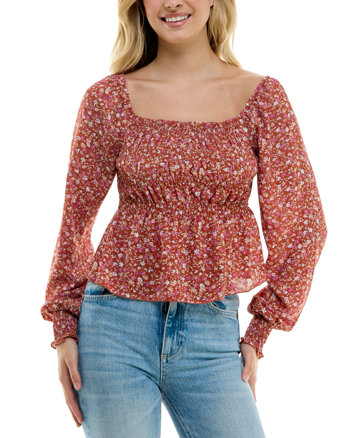 JUNIORS' SMOCKED PEPLUM TOP IN BAKED CLAY Boho-inspiration abounds in this juniors' peplum top from Ultra Flirt. Looks fab with jeans and sandals. Juniors Juniors' Clothing - Tops