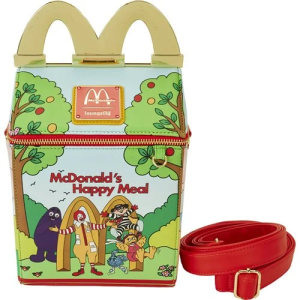 You'll be lovin' this McDonald's Vintage Happy Meal Crossbody Purse! The faux leather crossbody bag features a faux leather charm and printed details. It is styled after a classic Happy Meal box and features beloved mascots Ronald McDonald, Grimace, the Hamburglar and more! It measures approximately 9-inches tall x 6 3/4-inches long x 6-inches wide and is perfect for McDonald's fans ages 8 and up. All Loungefly items are vegan friendly, unless otherwise noted.