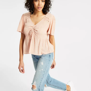For easy, breezy days, pair this flowy Hippie Rose top with your fave distressed denim for a chic boho vibe. Approx. model height is 5'10" and she is wearing a size medium Relaxed fit V-neck Front ruching and tie; crocheted details Juniors’ sizes run smaller than women’s sizes. Size up for the perfect women’s fit. See size chart. Rayon; trim: cotton Machine washable Imported