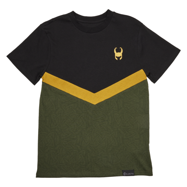 Slip away with a timeless look. The Loungefly COLLECTIV Marvel Loki The ORIGINL Tee offers a simple and versatile way to show off your fandom on any timeline. This classic tee features Loki’s helmet symbol as an embroidered detail, against a dark background. A chevron, in gold, divides color blocks where intricate patterns of Loki’s snake symbol repeat for an extra-subtle expression of your favorite fandom. The Loungefly COLLECTIV Marvel Loki the ORIGINL Tee is super soft and made of 100% cotton jersey. Additional features include seamed color blocking and embroidery. This tee is an officially licensed Marvel product.