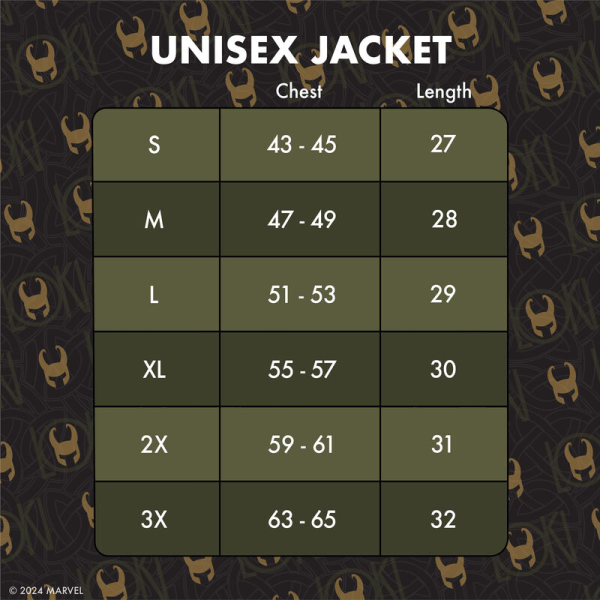 Slip away with a timeless look. The Loungefly COLLECTIV Marvel Loki The WEEKENDR Hooded Jacket offers an elevated way to show off your fandom on any timeline. This heavy-duty jacket features a drawstring hood and elevated gold magnet rivet details of Loki’s helmet symbol on the side pockets. Mixed fabrics, such as a chenille patch of Loki’s symbol in green, against a contrast of darker fabric, will take you from day to night effortlessly. The green color, on the sleeves, creates a background for an elegant pattern of Loki’s snake symbol to take shape. On the back, a matte high-density screen print adds subtle dimension to the “God of Mischief” text. The Loungefly COLLECTIV Marvel Loki The WEEKENDR Hoodie is made of 100% polyester for the canvas outer shell and lining. The jersey-lined hood is 60% cotton and 40% polyester. Additional features include a drawstring hood, gold magnet rivet details, a chenille patch, and printed details. This hoodie is an officially licensed Marvel product. Comes in unisex sizes S through 3X. Sizing is very specific.