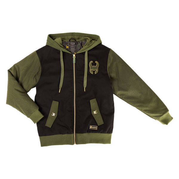 Slip away with a timeless look. The Loungefly COLLECTIV Marvel Loki The WEEKENDR Hooded Jacket offers an elevated way to show off your fandom on any timeline. This heavy-duty jacket features a drawstring hood and elevated gold magnet rivet details of Loki’s helmet symbol on the side pockets. Mixed fabrics, such as a chenille patch of Loki’s symbol in green, against a contrast of darker fabric, will take you from day to night effortlessly. The green color, on the sleeves, creates a background for an elegant pattern of Loki’s snake symbol to take shape. On the back, a matte high-density screen print adds subtle dimension to the “God of Mischief” text. The Loungefly COLLECTIV Marvel Loki The WEEKENDR Hoodie is made of 100% polyester for the canvas outer shell and lining. The jersey-lined hood is 60% cotton and 40% polyester. Additional features include a drawstring hood, gold magnet rivet details, a chenille patch, and printed details. This hoodie is an officially licensed Marvel product. Comes in unisex sizes S through 3X. Sizing is very specific.