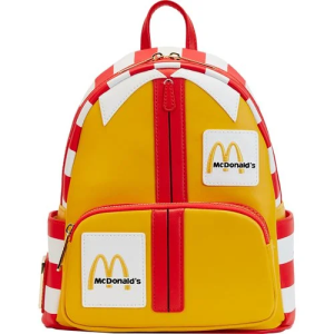 Take your favorite fast food clown on the go with this McDonald's Ronald McDonald Cosplay Mini-Backpack! It is made of faux leather and features a top zipper closure and front zippered pocket, adjustable straps, matching themed lining, applique, embroidered, and printed details! Even Hamburglar, Grimace, Birdie, and Ronald appear on the back! This mouthwatering mini-backpack measures approximately 10 1/2-inches tall x 9-inches wide x 4 1/2-inches deep. Ages 8 and up. All Loungefly items are vegan friendly, unless otherwise noted.