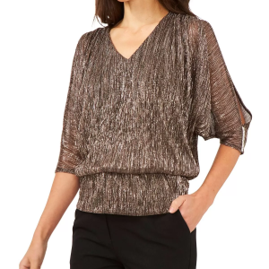 Cold-shoulder cutouts with rhinestone detail give this MSK blouse that extra special sparkle you've been looking for. Lined V-neckline Imported Three-quarter split sleeves Rhinestone trim at cuffs Blouson silhouette Pullover style