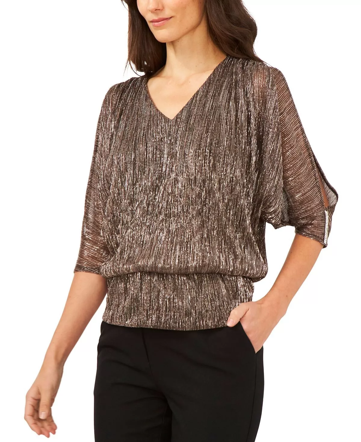 Cold-shoulder cutouts with rhinestone detail give this MSK blouse that extra special sparkle you've been looking for. Lined V-neckline Imported Three-quarter split sleeves Rhinestone trim at cuffs Blouson silhouette Pullover style