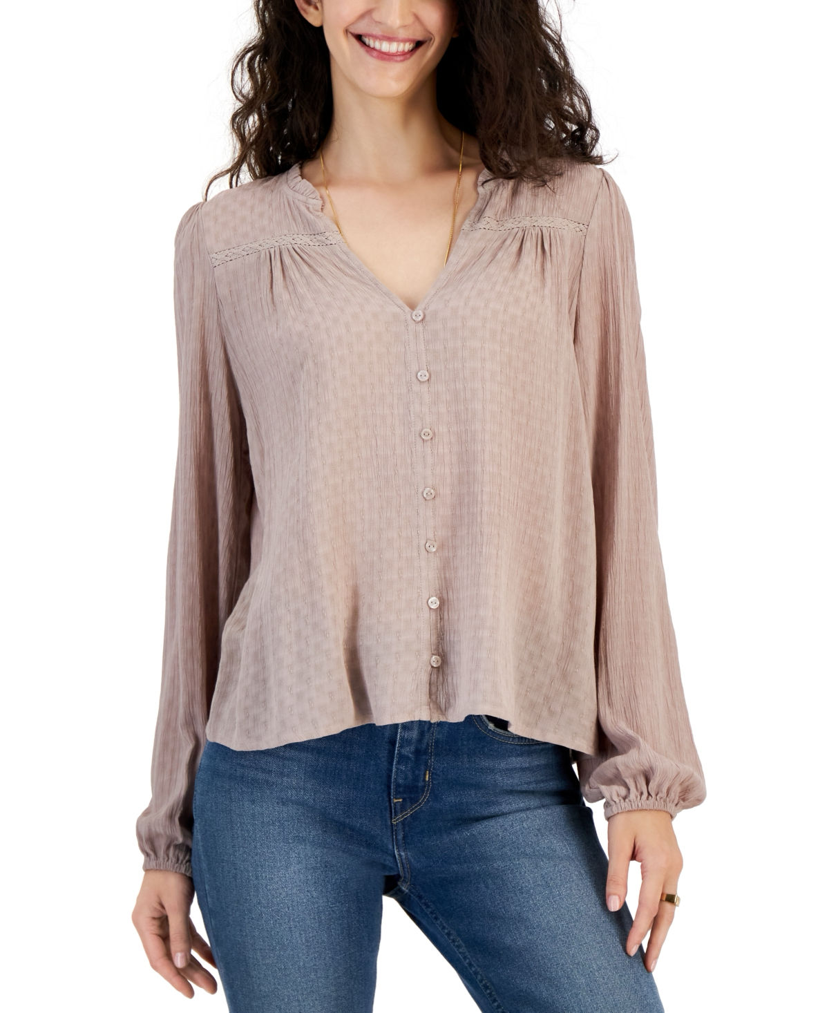JUNIORS' V-NECK BUTTON-FRONT LONG-SLEEVE TOP IN MOCHA STONE Get ready to button up in style with this juniors' top from Hippie Rose, the perfect blend of chic and versatility that'll have you rocking fashionable looks from day to night, one button at a time. Juniors Juniors' Clothing - Tops (new)