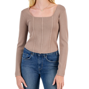 JUNIORS' SQUARE-NECK CORSET SWEATER TOP IN MOCHA ROSE Seamed details and a chic square neckline define this slim-fit sweater top from Hippie Rose. Juniors Juniors' Clothing - Sweaters (new)