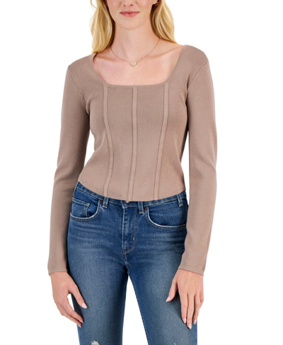 JUNIORS' SQUARE-NECK CORSET SWEATER TOP IN MOCHA ROSE Seamed details and a chic square neckline define this slim-fit sweater top from Hippie Rose. Juniors Juniors' Clothing - Sweaters (new)