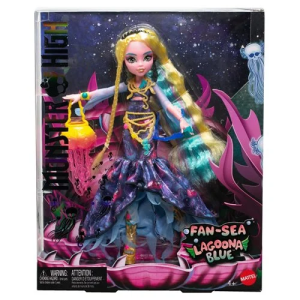 Fin-tastically detailed Lagoona Blue exclusive doll! She's here to haunt the dark depths of your Monster High collection! Scary chic and absolutely gore-geous, she drips with style. Accessories include seahorse earrings, starfish sunglasses, a jellyfish purse, and more! This extraordinary Monster High Fan-Sea Lagoona Blue - Exclusive doll is ready to haunt the deep, dark depths of the sea - or your collection - in her spookily stylish dress. Screamium details give her a high fashion lurk with a classic Monster High twist. From her rippling hair to her scary-chic accessories, Lagoona Blue is the most gore-geously glam monster in all the Seven Seas! She's fully articulated but cannot stand alone. Doll stand included. Ages 4 and up. This fan-sea Monster High doll gives high fashion a sting of sea monster style with her eerily ethereal dress and accessories. Lagoona Blue has extra-long, crimped hair that's colored with her signature pink and blue streaks, and she styles it with a front braid and black "pearl" headband. Lovely Lagoona simply drips style in her shimmery dress with a jellyfish print, and sheer mesh bell sleeves and a hi-low hemline cut a hauntingly flowy silhouette. Accessories such as seahorse earrings, starfish sunglasses, a jellyfish purse, sea-inspired jewelry, and golden coral sandals with seahorse heels complete Lagoona Blue's lurk. This highly collectible doll comes with a special doll stand and dreadfully deluxe packaging, making her perfect for posing and display. A fin-tastic addition to any skullection, she's perfect for kids and collectors alike! Please Note: This item does not include an "exclusive" sticker.