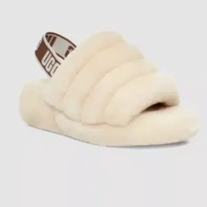 The UGG Women's Fluff Yeah Slides in Natural, size 8M, blend luxurious comfort with a modern, chic design. These slides feature a plush sheepskin upper in a soft, neutral natural color, ensuring both warmth and style. The standout feature of the Fluff Yeah Slides is the wide elastic strap adorned with bold UGG branding, adding a contemporary touch while securing the foot comfortably. This design not only enhances the visual appeal but also allows for easy slip-on and off functionality. Inside, these slides are lined with soft sheepskin that provides exceptional comfort and temperature regulation, making them suitable for year-round wear. The footbed is cushioned to offer support and comfort with every step. Set on a lightweight platform outsole with a durable rubber bottom, these slides provide traction and stability, whether you're lounging at home or stepping out casually. The UGG Women's Fluff Yeah Slides in Natural are a versatile and stylish choice, perfect for adding a touch of luxury to your everyday wardrobe.