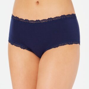 Embrace a perfect blend of comfort and sophistication with the Jenni Cotton Lace Trim Hipster in Navy Sea. This hipster-style underwear offers a flattering fit and elegant design, making it an essential addition to your lingerie collection. Features: Navy Sea: The rich navy sea color exudes a sense of elegance and calm, making it a versatile and stylish choice for any wardrobe. Lace Trim: Delicate lace trim along the edges adds a touch of femininity and charm while ensuring a soft, non-irritating feel against the skin. Hipster Cut: The hipster cut provides moderate coverage with a low-rise fit, ensuring it sits comfortably on the hips and offers a flattering silhouette. Soft Cotton Fabric: Made from high-quality cotton, this hipster ensures breathability and all-day comfort, perfect for everyday wear. Comfortable Waistband: The elastic waistband is designed for a secure and comfortable fit, allowing for ease of movement and staying in place throughout the day. Material: Body: 95% Cotton, 5% Spandex Lace: 88% Nylon, 12% Spandex Care Instructions: Machine wash cold with similar colors Use only non-chlorine bleach when needed Tumble dry low Do not iron