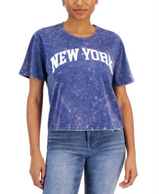 Represent your love for the big apple in this cropped tee from Rebellious One. Approx. model height is 5'10" and she is wearing size medium Relaxed fit; hits at hip Crewneck New York printed at front Cotton/polyester Machine washable Imported
