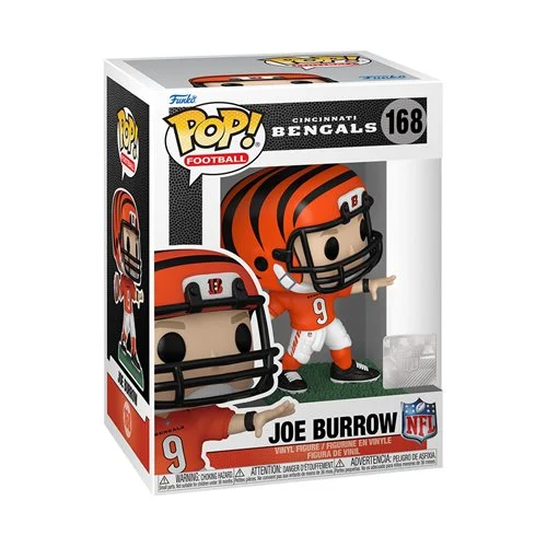 This NFL Cincinnati Bengals Joe Burrow Pop! Vinyl Figure #168 measures approximately 3 3/4-inches tall. Comes packaged in a window display box. AGES 3 AND UP