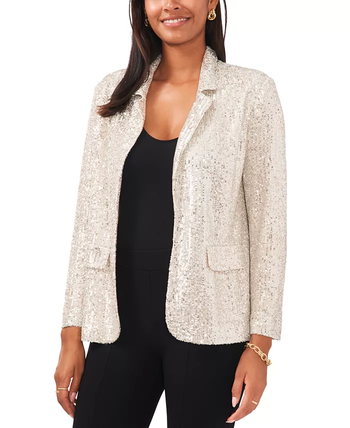 Tailored with sparkling sequins, MSK's notched collar open-front jacket can dress up the simplest outfit with its shimmery party-forward flair. Imported XS=0-2, S=2-4, M=6-8, L=10-12, XL=14-16 Notched collar; open front Flap pockets at side front Lined Sequins may shed during wear