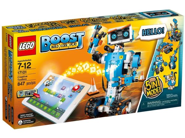 Bring your LEGO® creations to life with the new LEGO BOOST Creative Toolbox—a fun and easy way for your 7+ builder to learn the basics of coding, engineering and robotics. Simply choose one of the 5 models available with the BOOST set, download the free, easy-to-use app and you’re ready to go! Choose between Vernie the Robot—a moving, talking robot; the M.T.R.4 (Multi-Tooled Rover 4)—a robust, versatile rover with 4 different tool attachments including a spring-loaded shooter; the Guitar4000—a musical instrument with pitch bend and sound effects; Frankie the Cat—an interactive robot pet that plays, purrs and expresses its mood; or the AutoBuilder—an automated production line that really builds miniature LEGO models! Then bring your creation to life with the app’s intuitive, icon-based coding interface and complete an array of exciting activities designed for each model. With LEGO BOOST, children learn about loops and variables, improve STEM and creative-problem solving skills and develop their imagination as they toggle between guided and open-ended play. The more activities you complete, the more coding blocks you unlock! The LEGO BOOST app is available for selected iOS, Android and Kindle smart devices. Please go to LEGO.com/devicecheck for a list of all compatible devices. The app offers regular updates with new challenges and coding options designed to encourage social play. Includes a LEGO® Motorized Hub, additional Motor and a Color & Distance Sensor, plus more than 840 LEGO pieces for building and rebuilding any of 5 multifunctional models. Code Vernie the Robot to dance, shoot the target, beatbox, use his hockey stick or even play a game. Build the M.T.R.4 (Multi-Tooled Rover 4) and choose from a selection of tools and customization attachments to complete missions or battle against other rovers. Learn how to play a song and rock out with the Guitar4000. Look after your own pet with Frankie the Cat. Be sure to feed it the right food, or it might get upset! Construct, code and operate the AutoBuilder to produce real miniature LEGO® models. Build and code robots and models, and complete over 60 exciting activities included in the LEGO® BOOST App. Building instructions for all 5 models are only available with the free LEGO BOOST app, available for selected iOS, Android and Kindle smart devices. The app offers regular updates that include new challenges and coding options, and encourages social play. Real coding transformed into an intuitive and easy to use drag-and-drop coding interface, suitable for all aged 7+. Learn about loops and variables, and develop your STEM skills, creative-problem solving and imagination by toggling between guided and open-ended play. Step-by-step challenges suitable for starting levels that help you progress and increase your coding skills. Combine with the LEGO® City 60194 Arctic Scout Truck to control and drive the vehicle! Use the LEGO BOOST app to operate the forklift, examine samples with the color sensor, help the whale back into the water and much more, for an interactive experience like never before! Combine with LEGO® NINJAGO® 70652 Stormbringer and set the Lightning Dragon free! Use the LEGO BOOST app to control the fearsome beast, fire the shooters, create a color-sensing ejector seat and much more! This product requires batteries (not included). Go to LEGO.com/devicecheck for a list of compatible devices.