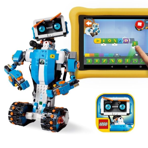 Bring your LEGO® creations to life with the new LEGO BOOST Creative Toolbox—a fun and easy way for your 7+ builder to learn the basics of coding, engineering and robotics. Simply choose one of the 5 models available with the BOOST set, download the free, easy-to-use app and you’re ready to go! Choose between Vernie the Robot—a moving, talking robot; the M.T.R.4 (Multi-Tooled Rover 4)—a robust, versatile rover with 4 different tool attachments including a spring-loaded shooter; the Guitar4000—a musical instrument with pitch bend and sound effects; Frankie the Cat—an interactive robot pet that plays, purrs and expresses its mood; or the AutoBuilder—an automated production line that really builds miniature LEGO models! Then bring your creation to life with the app’s intuitive, icon-based coding interface and complete an array of exciting activities designed for each model. With LEGO BOOST, children learn about loops and variables, improve STEM and creative-problem solving skills and develop their imagination as they toggle between guided and open-ended play. The more activities you complete, the more coding blocks you unlock! The LEGO BOOST app is available for selected iOS, Android and Kindle smart devices. Please go to LEGO.com/devicecheck for a list of all compatible devices. The app offers regular updates with new challenges and coding options designed to encourage social play. Includes a LEGO® Motorized Hub, additional Motor and a Color & Distance Sensor, plus more than 840 LEGO pieces for building and rebuilding any of 5 multifunctional models. Code Vernie the Robot to dance, shoot the target, beatbox, use his hockey stick or even play a game. Build the M.T.R.4 (Multi-Tooled Rover 4) and choose from a selection of tools and customization attachments to complete missions or battle against other rovers. Learn how to play a song and rock out with the Guitar4000. Look after your own pet with Frankie the Cat. Be sure to feed it the right food, or it might get upset! Construct, code and operate the AutoBuilder to produce real miniature LEGO® models. Build and code robots and models, and complete over 60 exciting activities included in the LEGO® BOOST App. Building instructions for all 5 models are only available with the free LEGO BOOST app, available for selected iOS, Android and Kindle smart devices. The app offers regular updates that include new challenges and coding options, and encourages social play. Real coding transformed into an intuitive and easy to use drag-and-drop coding interface, suitable for all aged 7+. Learn about loops and variables, and develop your STEM skills, creative-problem solving and imagination by toggling between guided and open-ended play. Step-by-step challenges suitable for starting levels that help you progress and increase your coding skills. Combine with the LEGO® City 60194 Arctic Scout Truck to control and drive the vehicle! Use the LEGO BOOST app to operate the forklift, examine samples with the color sensor, help the whale back into the water and much more, for an interactive experience like never before! Combine with LEGO® NINJAGO® 70652 Stormbringer and set the Lightning Dragon free! Use the LEGO BOOST app to control the fearsome beast, fire the shooters, create a color-sensing ejector seat and much more! This product requires batteries (not included). Go to LEGO.com/devicecheck for a list of compatible devices.