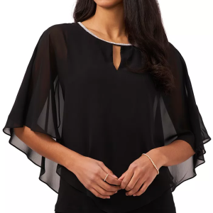 Add a formal touch to any outfit with this elegant top from MSK, a sheer poncho overlay piece trimmed with a glamorous crystal neckline. Crystal trim at neckline; keyhole at front neckline; asymmetric sheer overlay Scoop neckline; keyhole and button closure at back neck Imported Lined