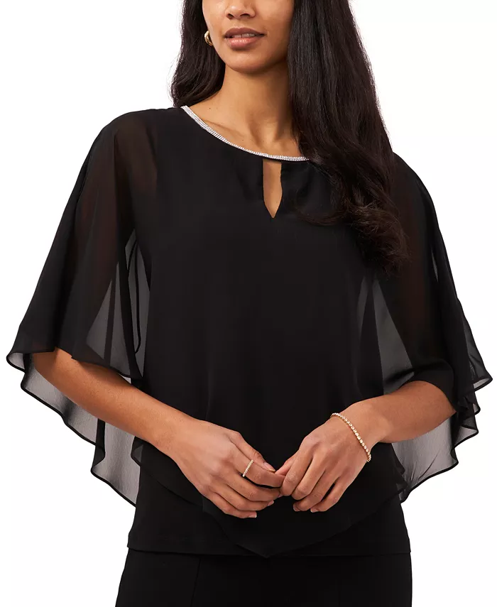 Add a formal touch to any outfit with this elegant top from MSK, a sheer poncho overlay piece trimmed with a glamorous crystal neckline. Crystal trim at neckline; keyhole at front neckline; asymmetric sheer overlay Scoop neckline; keyhole and button closure at back neck Imported Lined