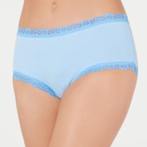 Experience the perfect blend of comfort and elegance with the Jenni Cotton Lace Trim Hipster in Pale Blue Ink. This hipster-style underwear offers a combination of softness, style, and a flattering fit, making it an essential piece in any lingerie collection. Features: Pale Blue Ink: The delicate pale blue ink color adds a touch of serene elegance, making it a versatile and chic addition to your underwear drawer. Lace Trim: Adorned with beautiful lace trim along the edges, this hipster provides a feminine and sophisticated look while ensuring a soft feel against the skin. Hipster Cut: The hipster cut offers moderate coverage with a low-rise fit, ensuring it sits comfortably on the hips without riding up or digging in. Soft Cotton Fabric: Made from high-quality cotton, this hipster ensures breathability and all-day comfort, perfect for everyday wear. Comfortable Waistband: The elastic waistband provides a secure and comfortable fit, moving with you throughout the day. Material: Body: 95% Cotton, 5% Spandex Lace: 88% Nylon, 12% Spandex Care Instructions: Machine wash cold with similar colors Use only non-chlorine bleach when needed Tumble dry low Do not iron