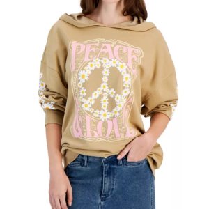 A daisy-fresh take on retro-inspired style, the Rebellious One Peace & Love hoodie sweatshirt delivers a cozy and comfortable look. Peace & Love graphic print at front; ribbed hemline band Attached hood Drop-shoulder long sleeves with floral graphic-print designs and ribbed cuffs Imported