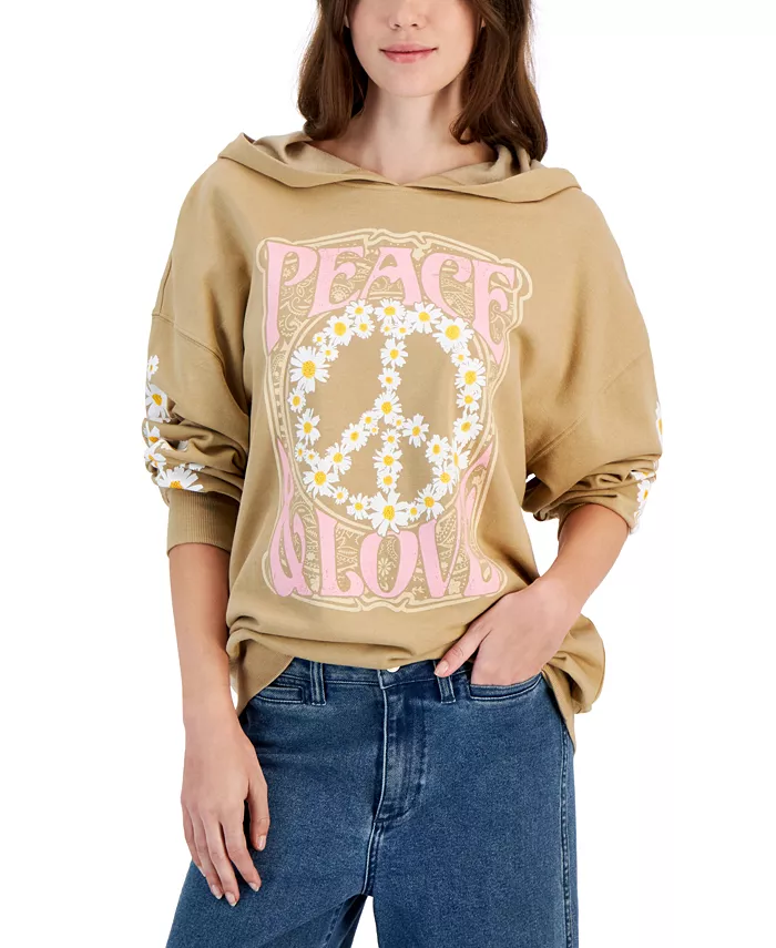 A daisy-fresh take on retro-inspired style, the Rebellious One Peace & Love hoodie sweatshirt delivers a cozy and comfortable look. Peace & Love graphic print at front; ribbed hemline band Attached hood Drop-shoulder long sleeves with floral graphic-print designs and ribbed cuffs Imported