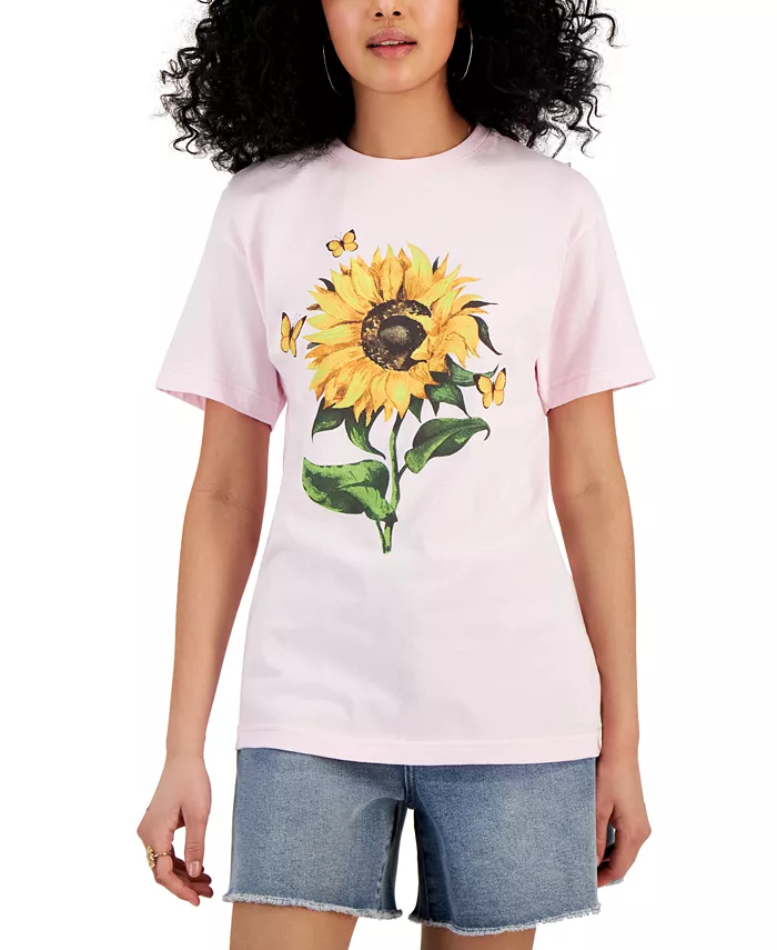Brighten up your look in this pretty sunflower-graphic-print cotton juniors' tee from Rebellious One. Approx. model height is 5'10" and she is wearing size medium Crewneck Graphic print at front Juniors' sizes run smaller than women's sizes. Size up for the perfect women's fit. See size chart. 100% cotton Machine wash Imported