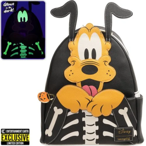 Get ready to trick or treat with your favorite pup! Exclusive Pluto Skellington Glow-in-the-Dark Mini-Backpack! Features matching lining, adjustable straps, zipper closure, shiny gold hardware, and more. Plus, there are glow-in-the-dark, applique, and printed details! Entertainment Earth Exclusive! Feeling a little spooky? Have some wicked Halloween fun with your buddy Pluto and this fantastic Disney Pluto Skellington Glow-in-the-Dark Mini-Backpack- Entertainment Earth Exclusive! Measuring about 10 1/2-inches tall x 9-inches wide x 4 1/2-inches long, the faux-leather backpack features top zipper closure, a front zippered pocket, adjustable straps, matching lining, and shiny gold hardware. Plus, there are glow-in-the-dark, applique, and printed details! It's fun, it's handy and functional, and it's a limited edition exclusive you don't want to miss. This would make a great gift for any Disney fan! Ages 15 and up.