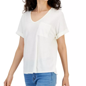Elevate your casual coolness with this juniors' t-shirt from Hippie Rose, where comfort meets functionality in the most stylish way, giving you the perfect balance of laid-back charm and practicality. Approx. model height is 5'10" and she is wearing a size medium Relaxed fit V-neck Pocket at left chest; cuffed at sleeves Juniors' sizes run smaller than women's sizes. Size up for the perfect women's fit. See size chart. Cotton/polyester/rayon Machine washable Imported