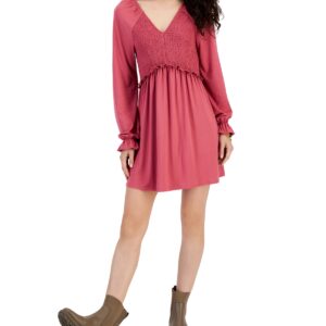 JUNIORS' LONG-SLEEVED SMOCKED MINI DRESS IN ROSE WINE Twirl through your day with undeniable charm in this pretty floral-print smocked mini dress from Love, Fire. Juniors Juniors' Clothing - Dresses (new)