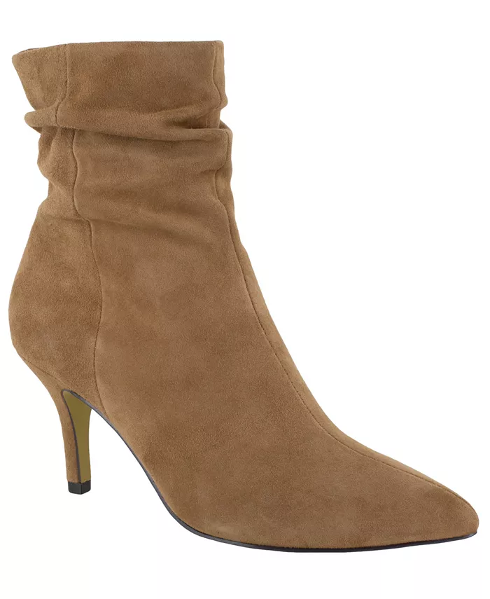 Brilliantly stylish, the Danielle by Bella Vita will complement endless fall ensembles. This sharp silhouette showcases a ruched topline and flashy metal inside zip closure. The sleek pointed toe is balanced with a feminine stiletto heel for effortless day to night wear. Cushioned for amazing comfort. 2 3/4" stiletto heel Shaft Height: 6 1/4", Circumference: 11 5/6", Measured on a size 9M Inside zipper closure Ruched detail at topline Padded insole Suede or leather upper, synthetic lining and sole Imported