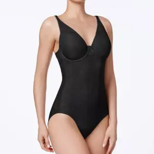 Smooth your silhouette with this firm control, sheer lace body briefer from Bali. Helps you look sleek and slim in all your clothing. Lined front panel for a smooth stomach Sheer lace back panel Provides firm control and shaping Adjustable straps Lined, underwire cups Imported Lined at gusset with triple hook-and-eye closure