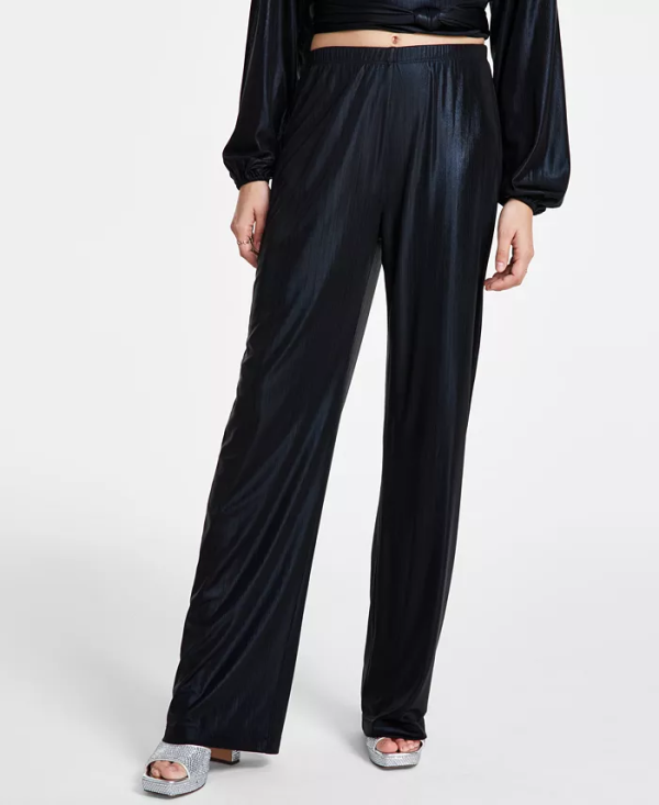 LEYDEN has designed these simply sleek wide-leg pants that are as practical as they are chic, the pull-on style is comfy whilst the shimmering fabric lends a bold statement look. Approx. inseam: 33" Rise: approx. 11-1/4"; leg opening: approx. 9-3/4"; wide leg Pull-on style Shell & lining: polyester Dry clean Imported