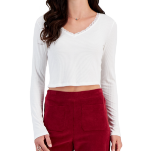 JUNIORS' LACE-TRIMMED V-NECK RIBBED TOP IN SNOW WHITE Self Esteem goes cropped and cozy for trend-right style this season with this lace-trimmed top. Juniors Juniors' Clothing - Tops