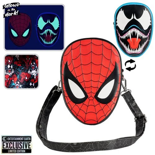 Are you team Spidey or team Venom? Exclusive Marvel Spider-Man vs. Venom Glow-in-the-Dark Crossbody Purse! Wear it with Spider-Man or Venom displayed! Features matching lining, an adjustable strap, zipper closure, a zippered front pocket, and more. Entertainment Earth Exclusive! Which team are you on? Team Spidey or team Venom? You don't have to decide, thanks to our Marvel Spider-Man vs. Venom Glow-in-the-Dark Crossbody Purse - Entertainment Earth Exclusive. Wear it with Spidey facing out or flip it over so Venom is displayed! It's made of faux leather and features a top zipper closure, an adjustable strap, matching themed lining, shiny silver hardware, and debossed, glow-in-the-dark, and printed details. This crossbody purse measures about 9-inches tall x 6 1/4-inches wide x 4-inches long and makes a great gift for any Marvel fan. But our exclusives tend to sell out quickly, so you should get your order in right now! Ages 8 and up.