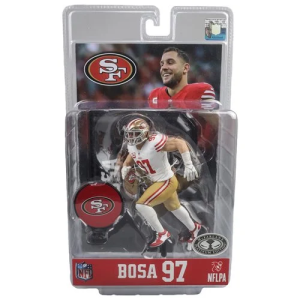 Nick Bosa was selected second overall by the 49ers in the 2019 NFL Draft. He was named NFL Defensive Rookie of the Year and helped the team reach Super Bowl LIV. In 2022, Bosa won the NFL Defensive Player of the Year award and was named to his third Pro-Bowl team. The NFL SportsPicks San Francisco 49ers Nick Bosa 7-Inch Scale Posed Figure Case contains 6 individually packaged figures: 5x Nick Bosa 1x Nick Bosa Chase (subject to change) Surprise! Surprise! This very special item might have limited variants randomly inserted throughout the production run. If extra lucky, you could potentially receive one of these highly sought-after ultra-rare collectibles when you order this item! Please note that we cannot accept requests for specific variants upon ordering, nor can we accept returns of opened items. And the item you receive may be slightly different from the standard edition pictured. Some attached images may include a picture of the prized variant. In case you didn't know: What is a "chase variant" and why is it so special? Well, variants are slightly different productions made in limited number and inserted into the standard production run. Kind of like a golden ticket, you just never know when you might receive one! These variants are often called chase items because they're the versions that the most enthusiastic collectors are always chasing after to get. When you purchase multiple units, it can increase your chance of landing one of these popular treasures. However, chase pieces are not guaranteed.