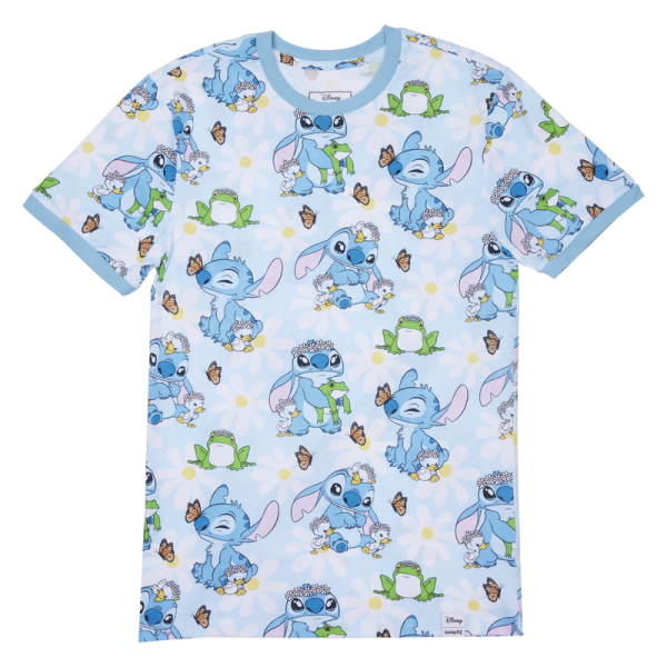 New beginnings are in bloom! Embrace a season of fresh starts with the Loungefly Lilo & Stitch Springtime Stitch Unisex Tee. This comfortable tee shirt features an all-over print of the loveable alien as he makes flower crowns for all his friends. White daisies cover a blue background, where Stitch plays with some frogs and ducklings. Look closely and you may find a butterfly perched on Stitch’s nose! This cute and cozy tee makes an adorable addition to any outfit and will keep you looking stylish on your next outing. The Loungefly Lilo & Stitch Springtime Stitch Unisex Tee is made of super soft 100% cotton jersey material. Please note: Patterns will vary with all-over print styles. Not every piece will look identical nor will every piece be an exact match as to what is pictured online. This tee is an officially licensed Disney product. Comes in unisex sizes S through 3X. Sizing is very specific, so please consult the size chart before purchasing.