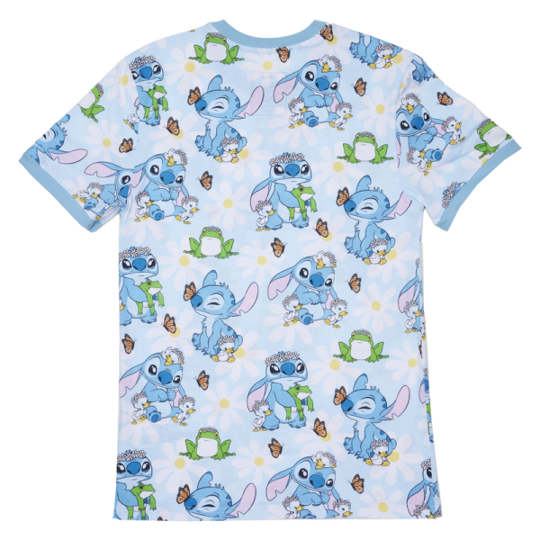 New beginnings are in bloom! Embrace a season of fresh starts with the Loungefly Lilo & Stitch Springtime Stitch Unisex Tee. This comfortable tee shirt features an all-over print of the loveable alien as he makes flower crowns for all his friends. White daisies cover a blue background, where Stitch plays with some frogs and ducklings. Look closely and you may find a butterfly perched on Stitch’s nose! This cute and cozy tee makes an adorable addition to any outfit and will keep you looking stylish on your next outing. The Loungefly Lilo & Stitch Springtime Stitch Unisex Tee is made of super soft 100% cotton jersey material. Please note: Patterns will vary with all-over print styles. Not every piece will look identical nor will every piece be an exact match as to what is pictured online. This tee is an officially licensed Disney product. Comes in unisex sizes S through 3X. Sizing is very specific, so please consult the size chart before purchasing.