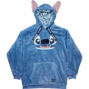 Lilo & Stitch Sherpa Unisex Hoodie - ReRun: Show off your fandom for Disney's Lilo & Stitch with this Stitch Sherpa Hoodie! Stitch's smiling face is front and center with a padded nose and embroidery details. The hood on the sweatshirt features a printed lining and Stitch's ears. The poly sherpa hoodie features a jersey lined hood. Sizes run from adult Small to adult XXX-Large. For all ages.