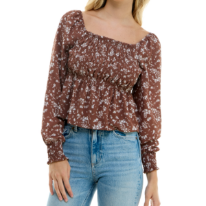 JUNIORS' SMOCKED PEPLUM TOP IN NUTMEG Boho-inspiration abounds in this juniors' peplum top from Ultra Flirt. Looks fab with jeans and sandals. Juniors Juniors' Clothing - Tops