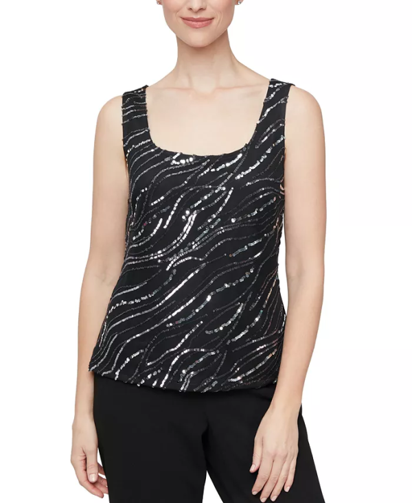 Glowing to great lengths, with an elongated jacket and sleek tank top, this Alex Evenings sequined twinset is wedding-right, for a guest or mother of the bride or groom. Removable jacket: elongated design, open front with pointed hemline, 3/4-sleeves Scoop neck Sequined fabric: Sparkle and shine at jacket and top front Partially lined Imported